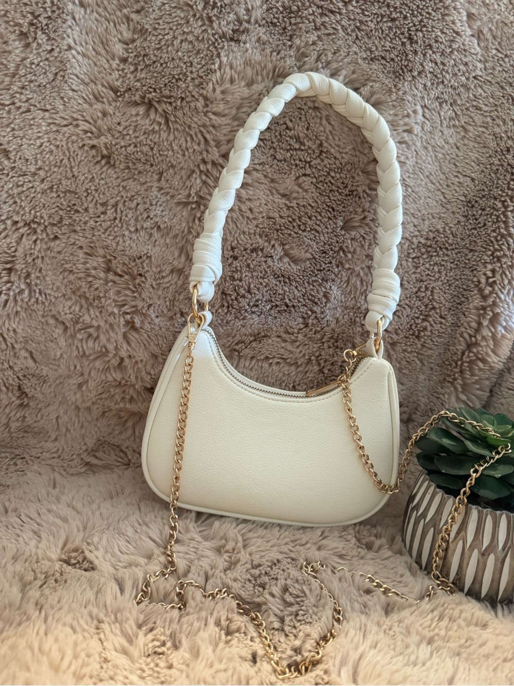 Cream Braided-Handle Shoulder Bag with Gold Chain Detail